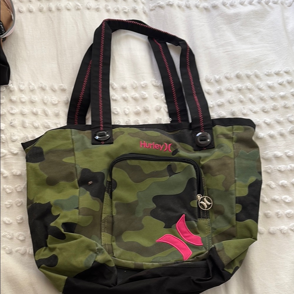 Hurley Green and Pink Tote Bag with Camouflage Design